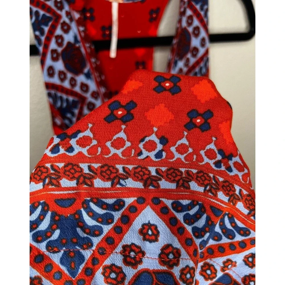 Free People Boho Printed Halter‎ Tunic Top Orange Blue Women's XS Festival Boho